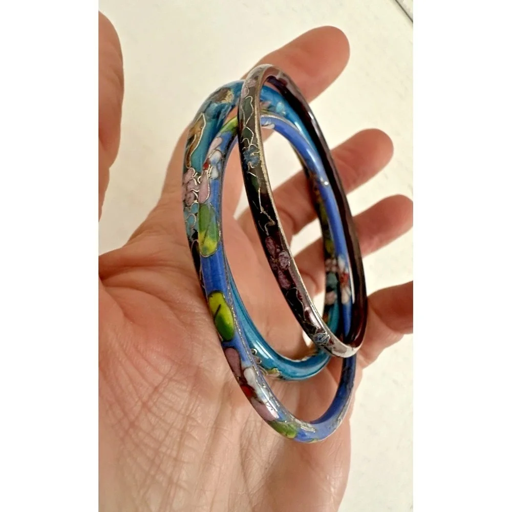 Cloisonne Bangle Bracelet Blue Aqua Floral Pink Metal Set of 3